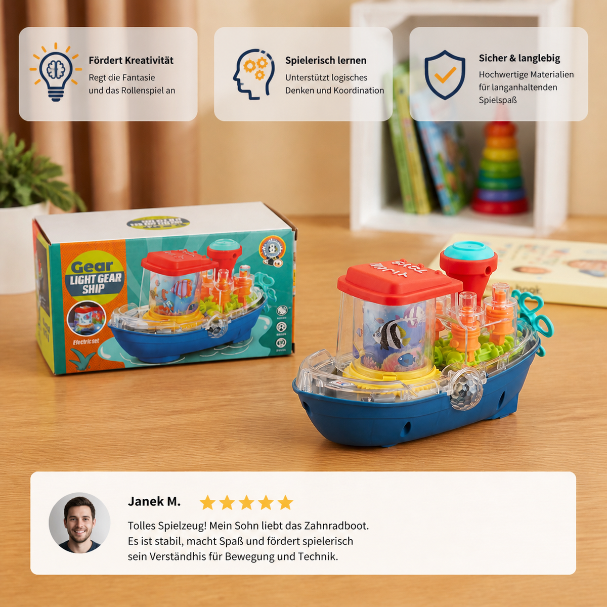 Leuchtendes Zahnradboot – Musikalisches elektrisches Spielzeugboot für Kinder