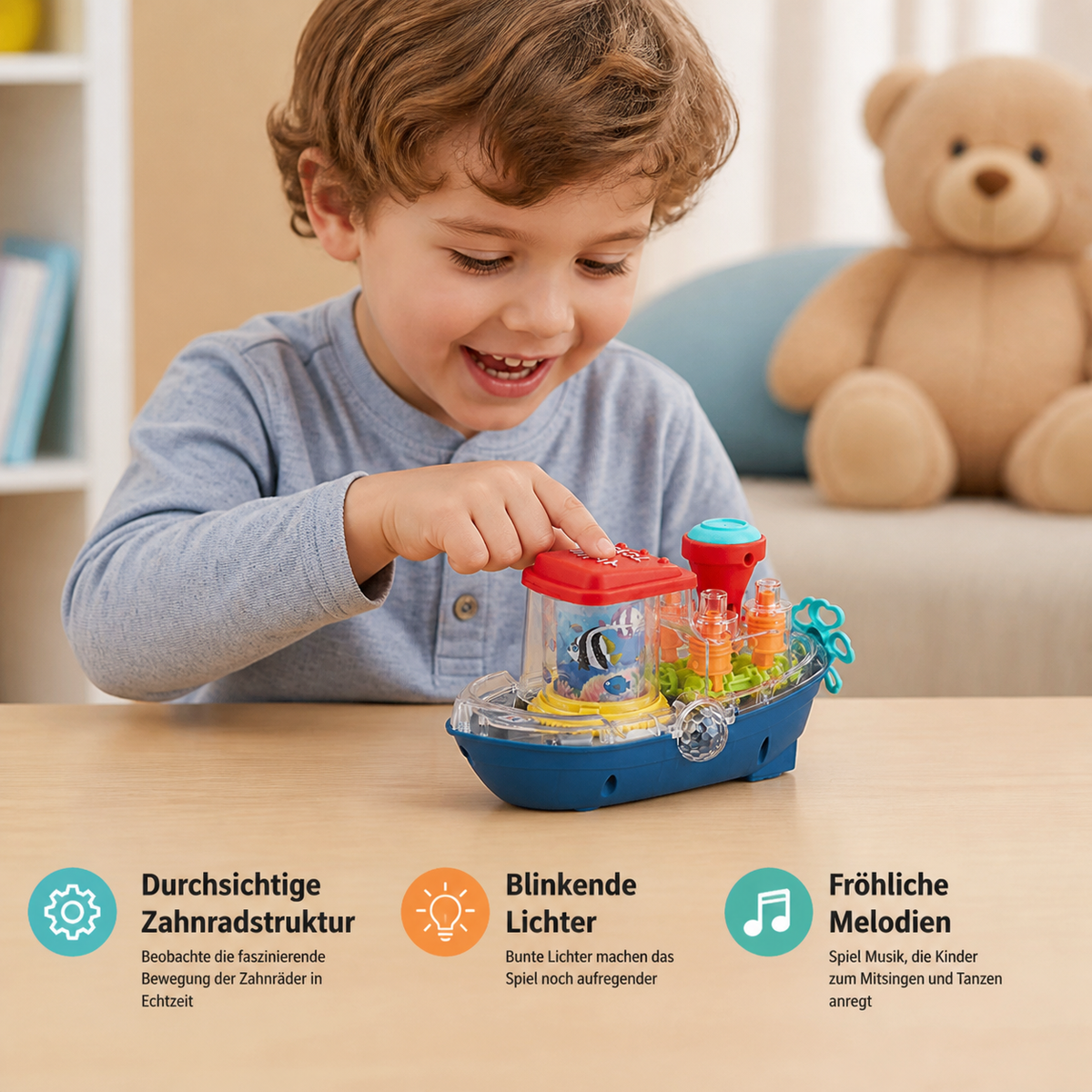 Leuchtendes Zahnradboot – Musikalisches elektrisches Spielzeugboot für Kinder