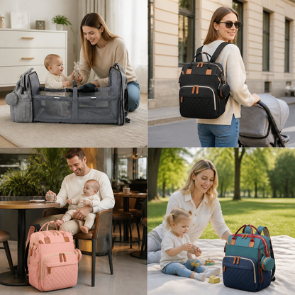 3-in-1 Reise Wickelrucksack mit faltbarem Babybett - Perfekt für Unterwegs!