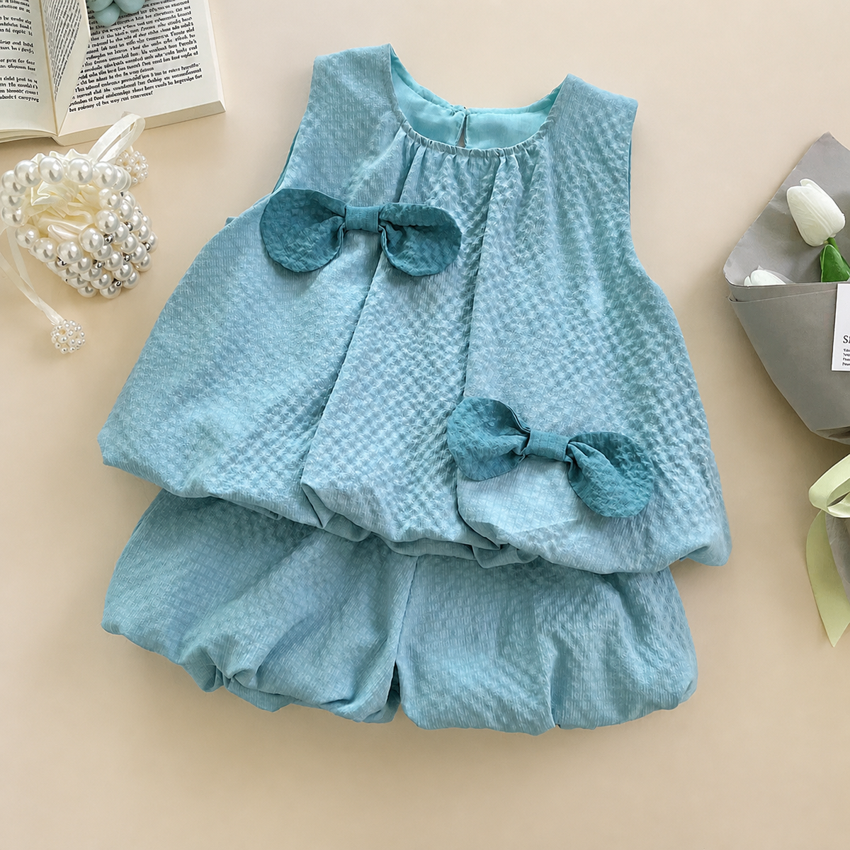 Trendiges 2-teiliges Mädchen-Set – Grünes Outfit mit Schleifen-Details