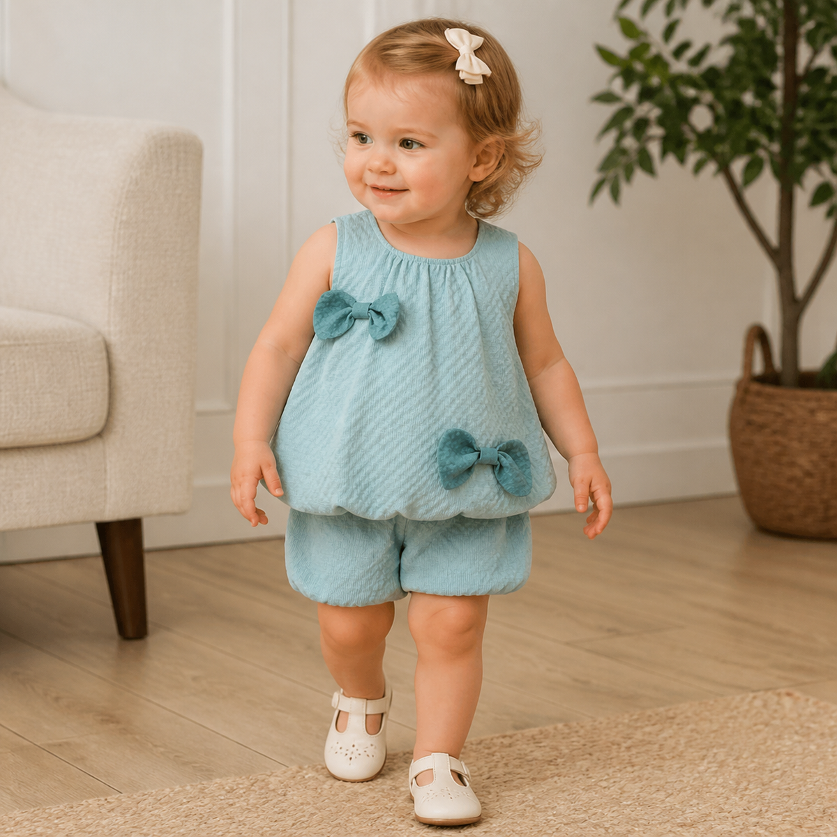 Trendiges 2-teiliges Mädchen-Set – Grünes Outfit mit Schleifen-Details