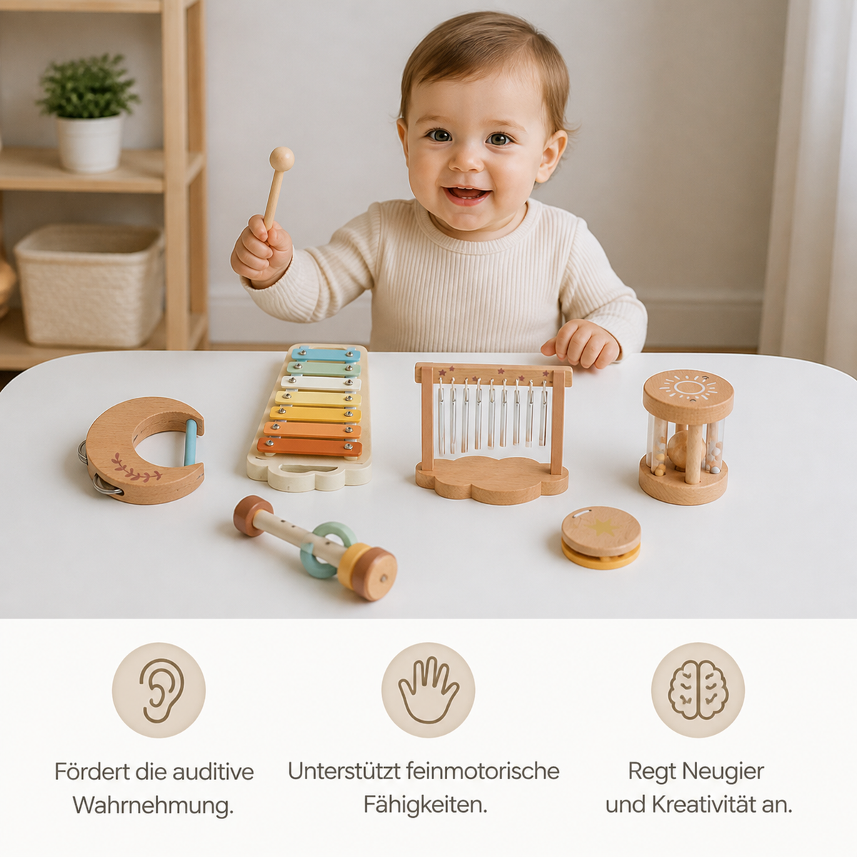 Baby Holz-Klangspiel Set – 6-teiliges sensorisches Musik- & Klangspielzeug
