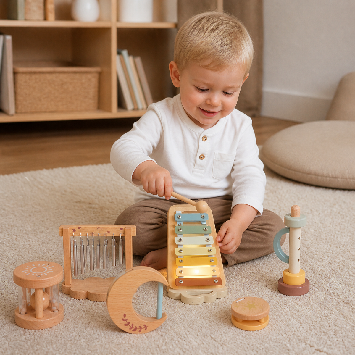 Baby Holz-Klangspiel Set – 6-teiliges sensorisches Musik- & Klangspielzeug