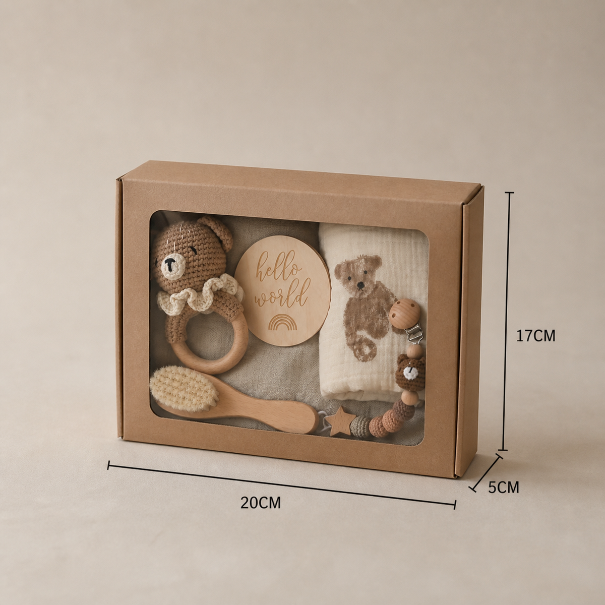 Neugeborenen Geschenkbox – Häkel-Tier Rassel, Holzspielzeug, Musselin Decke & Schnullerkette