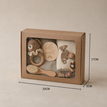 Neugeborenen Geschenkbox – Häkel-Tier Rassel, Holzspielzeug, Musselin Decke & Schnullerkette