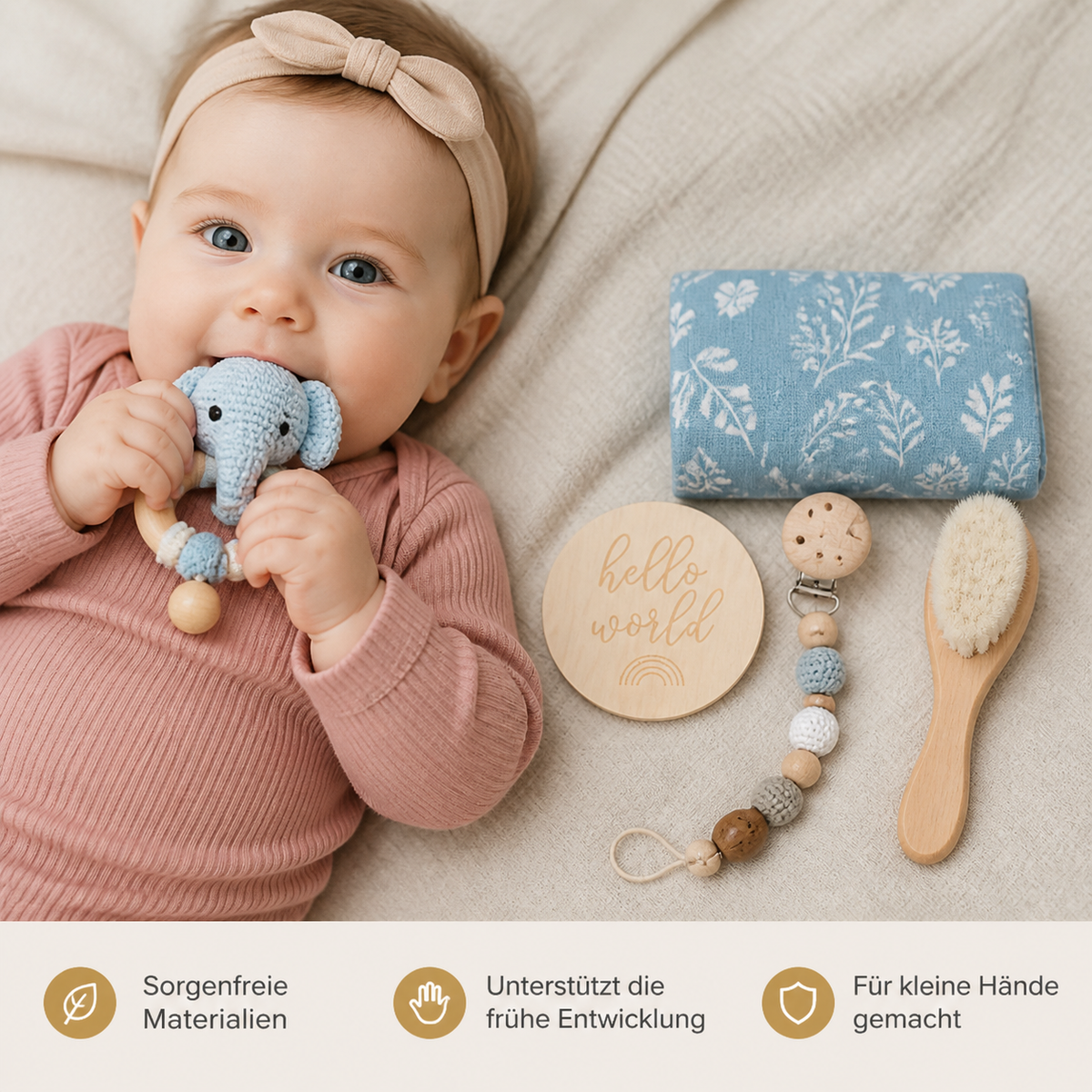 Neugeborenen Geschenkbox – Häkel-Tier Rassel, Holzspielzeug, Musselin Decke & Schnullerkette