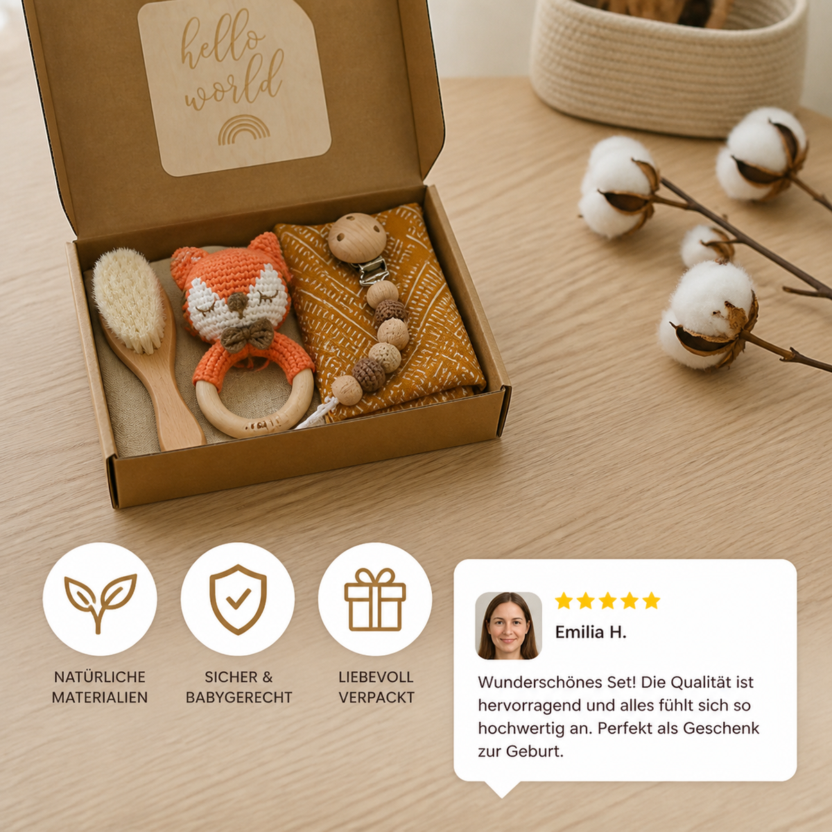 Neugeborenen Geschenkbox – Häkel-Tier Rassel, Holzspielzeug, Musselin Decke & Schnullerkette