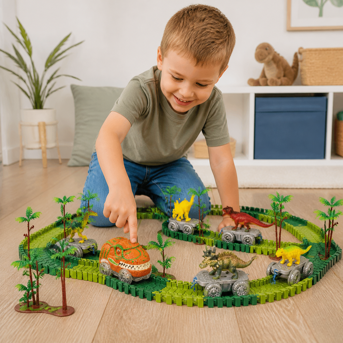 Dinosaurier Strecken Abenteuer – Flexible Rennbahn mit leuchtendem Zug