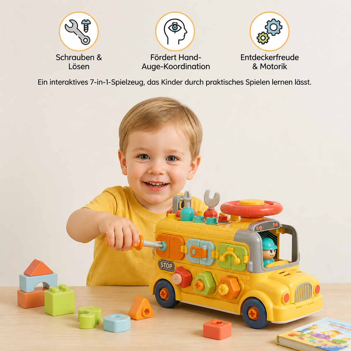 7in1 Montessori Schraubbus – Bau- & Motorik Lernspielzeug zum Zerlegen und Zusammenbauen