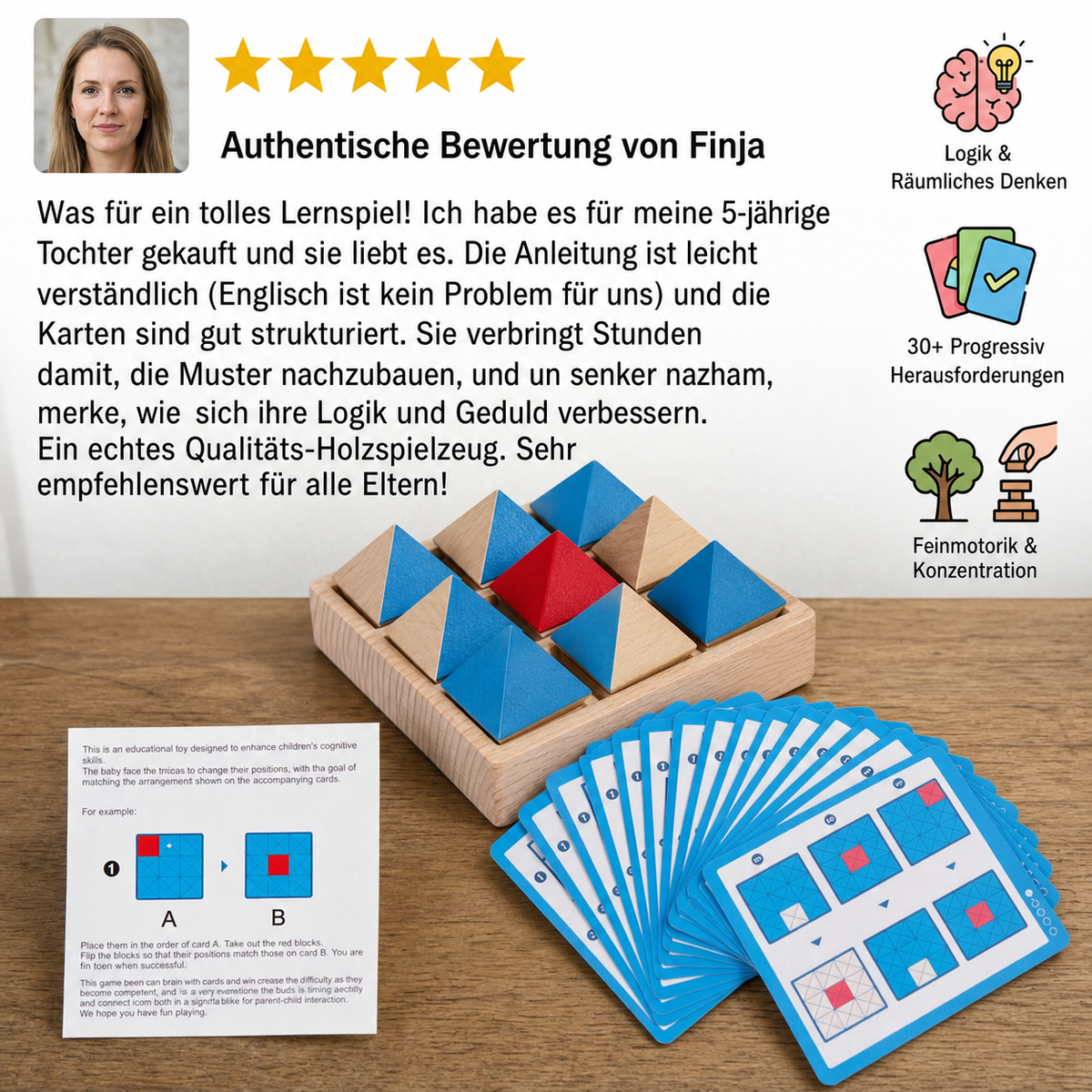 Holzpuzzle mit geometrischen Mustern – Spiel zur Förderung von Logik und räumlichem Denken