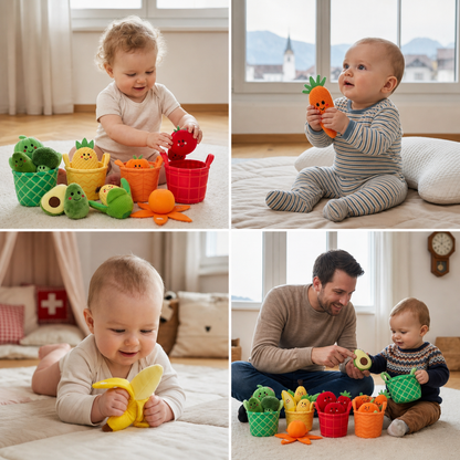 Weiches Obst- & Gemüse-Lernspielzeug für Babys – 4-teiliges Farb-Sortierset mit Rassel- und Knistereffekt