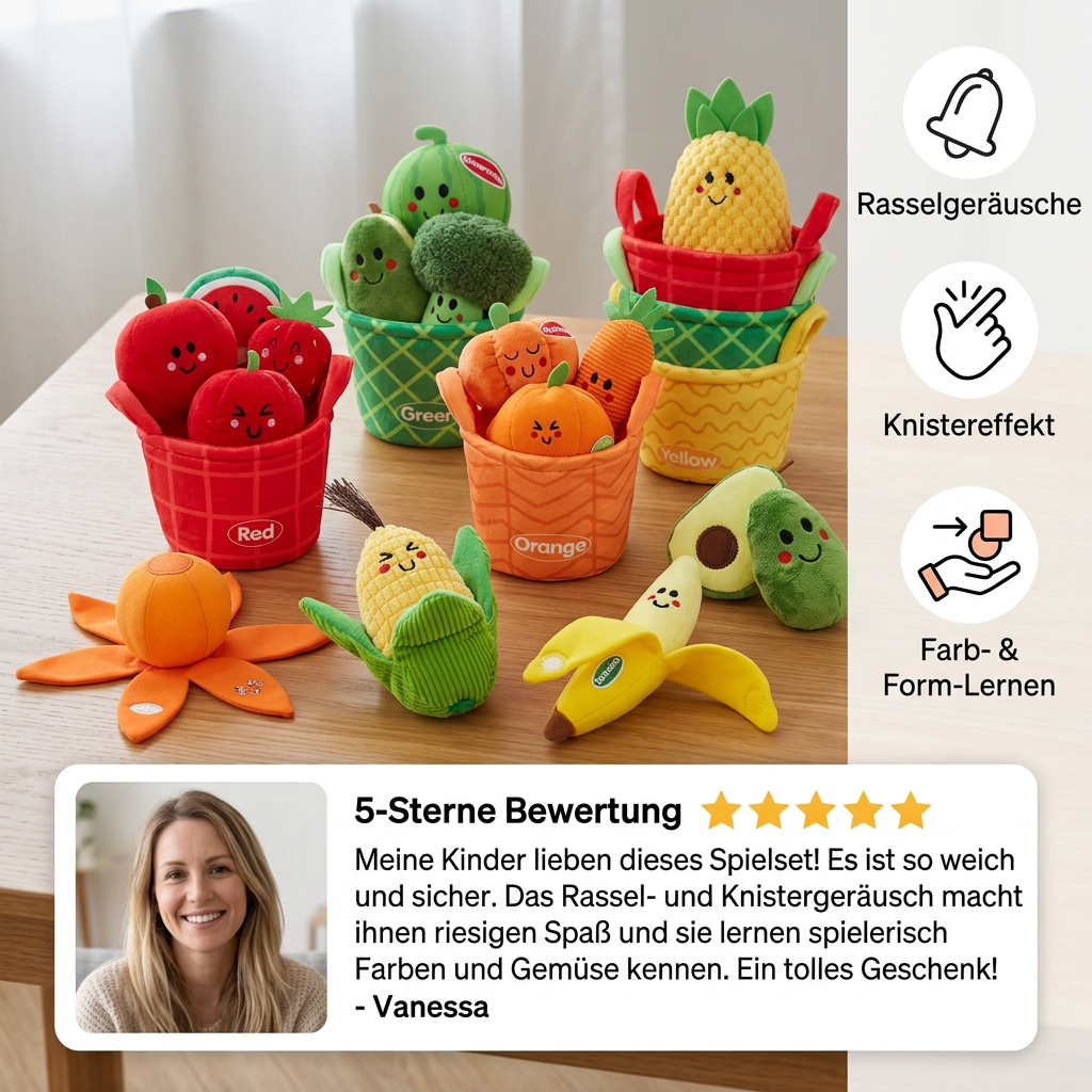 Weiches Obst- & Gemüse-Lernspielzeug für Babys – 4-teiliges Farb-Sortierset mit Rassel- und Knistereffekt