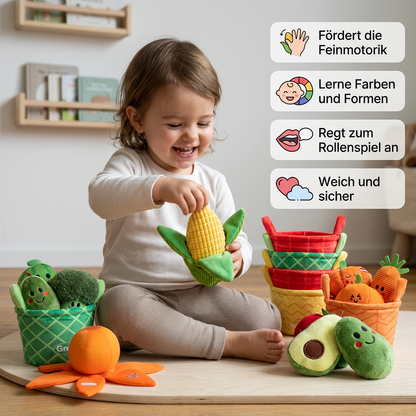Weiches Obst- & Gemüse-Lernspielzeug für Babys – 4-teiliges Farb-Sortierset mit Rassel- und Knistereffekt