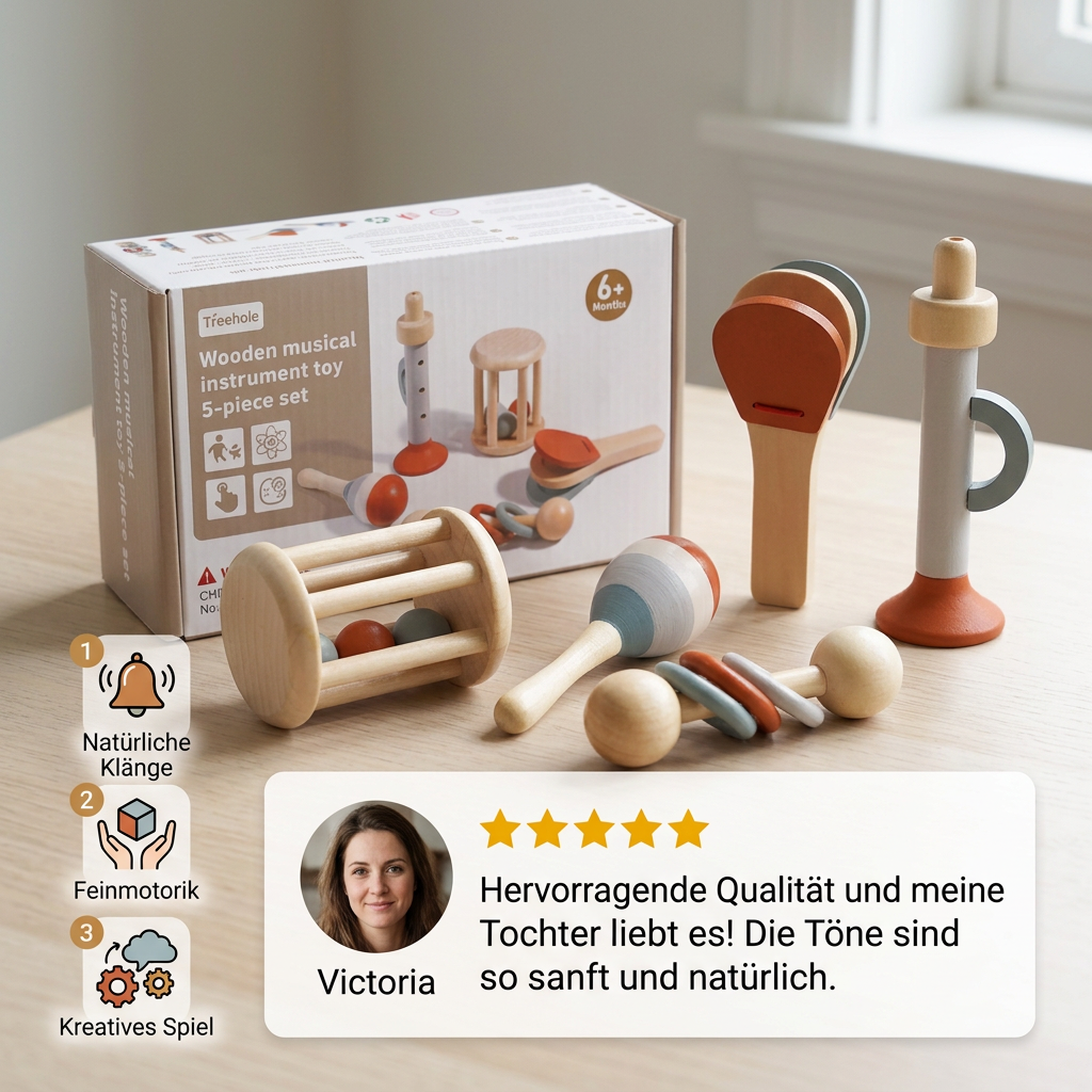 Montessori Holz-Musikinstrumente Set für Babys – 5-teiliges Sensorik & Rasselspielzeug
