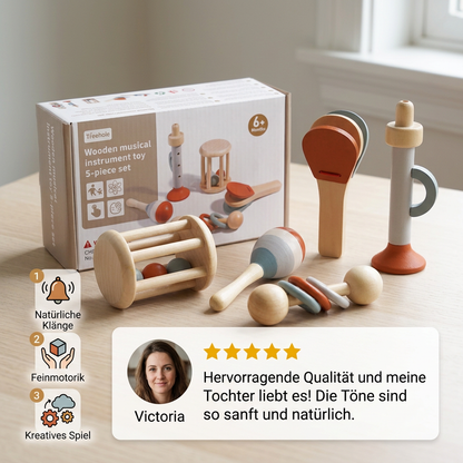 Montessori Holz-Musikinstrumente Set für Babys – 5-teiliges Sensorik & Rasselspielzeug