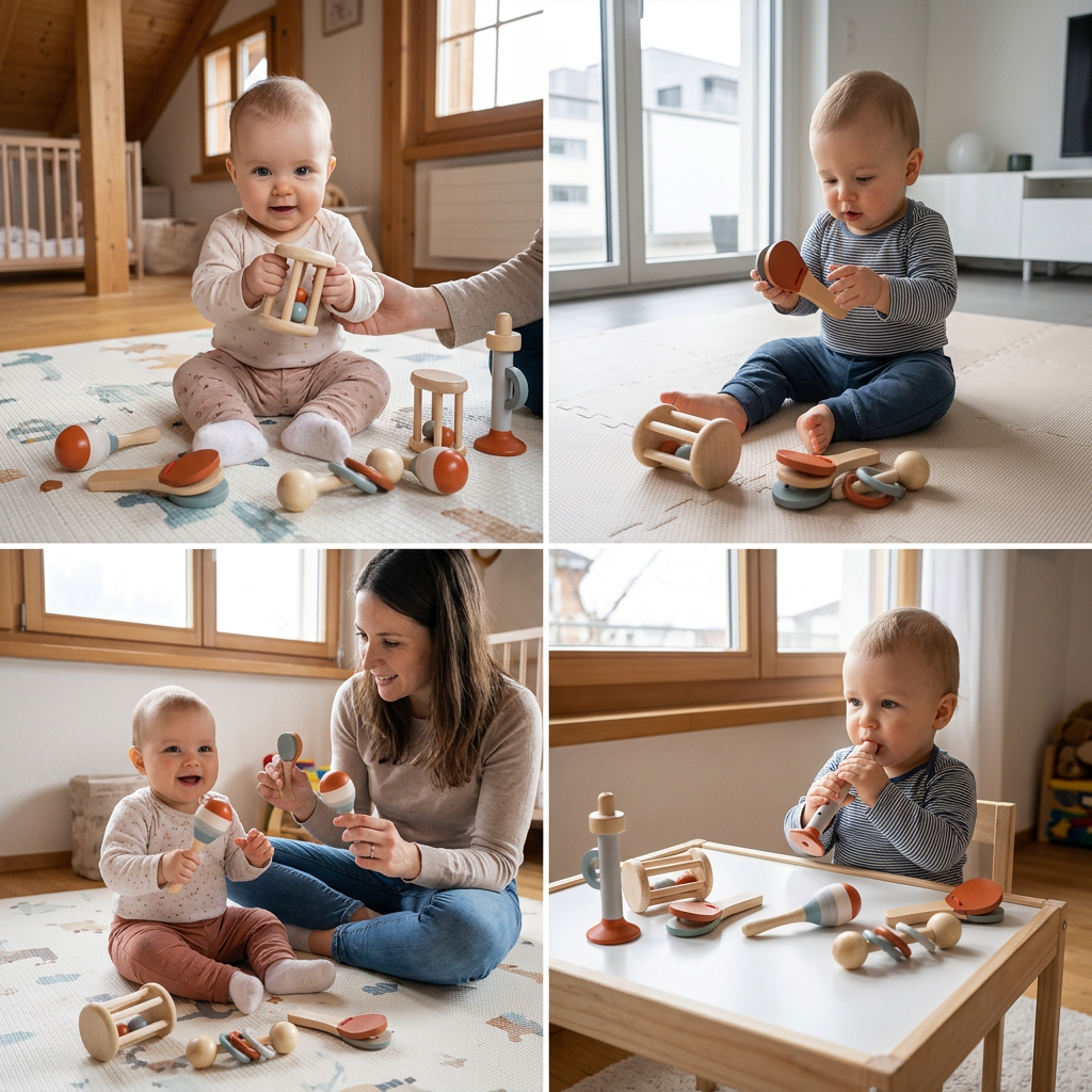 Montessori Holz-Musikinstrumente Set für Babys – 5-teiliges Sensorik & Rasselspielzeug