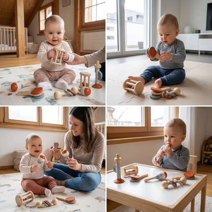 Montessori Holz-Musikinstrumente Set für Babys – 5-teiliges Sensorik & Rasselspielzeug
