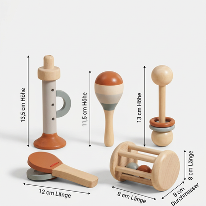 Montessori Holz-Musikinstrumente Set für Babys – 5-teiliges Sensorik & Rasselspielzeug