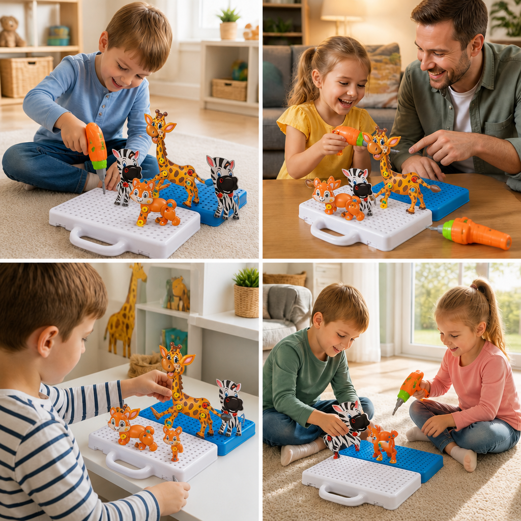 Safari-Tier-Bausteinset mit elektrischem Spielzeugbohrer für Kinder
