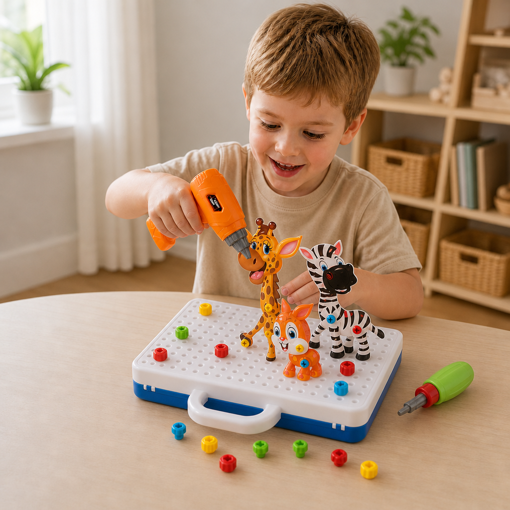 Safari-Tier-Bausteinset mit elektrischem Spielzeugbohrer für Kinder
