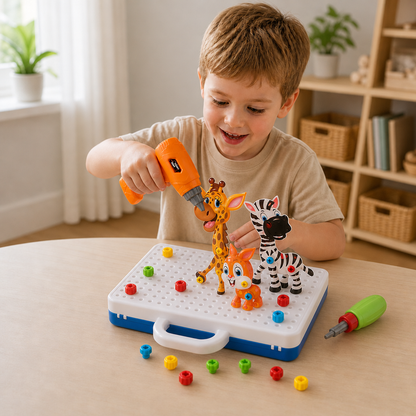 Safari-Tier-Bausteinset mit elektrischem Spielzeugbohrer für Kinder