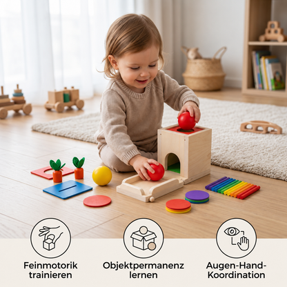 Montessori-Holzspielbox mit Aufgaben- und Lösungskarten