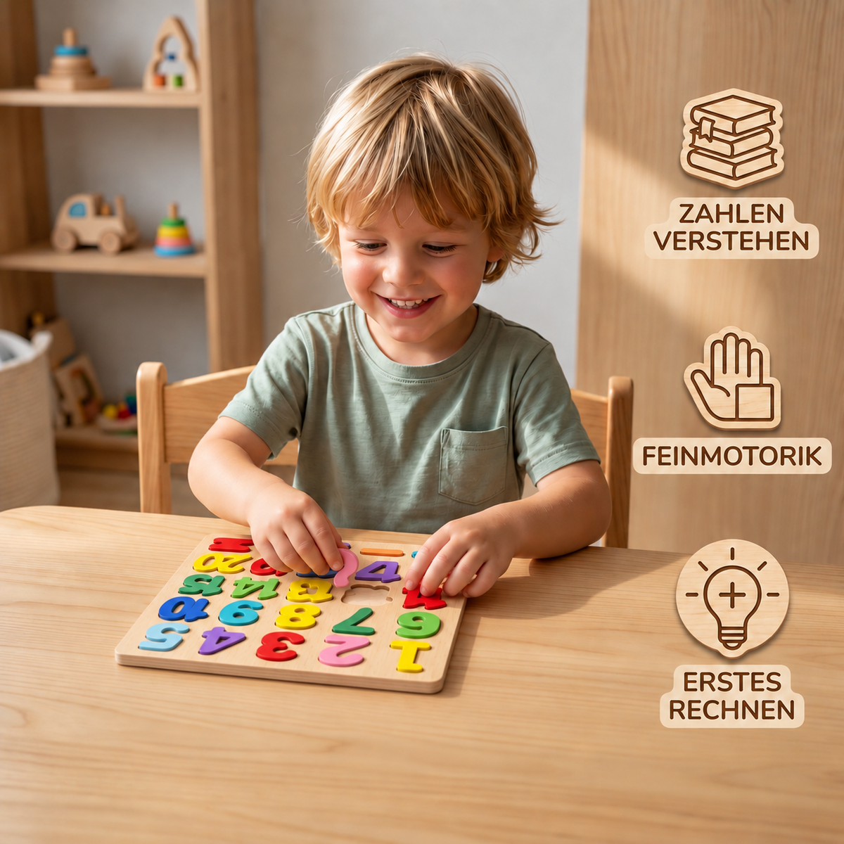 Einfaches Holzpuzzle mit Formen, Zahlen und Buchstaben
