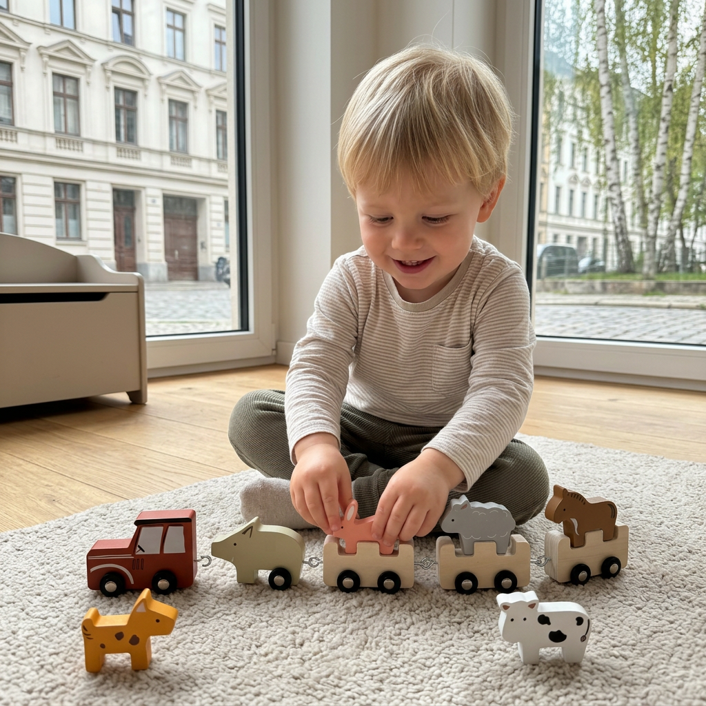 Holz-Eisenbahnset mit Bauernhoftieren