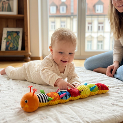 Sensorische Plüschraupe mit Rassel und Musikfunktion