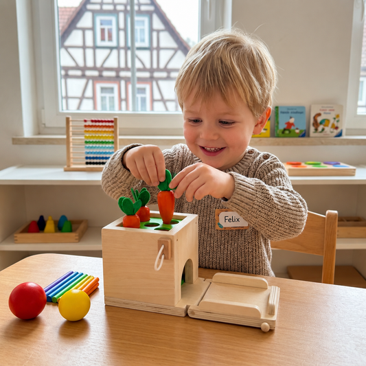 Montessori-Holzspielbox mit Aufgaben- und Lösungskarten