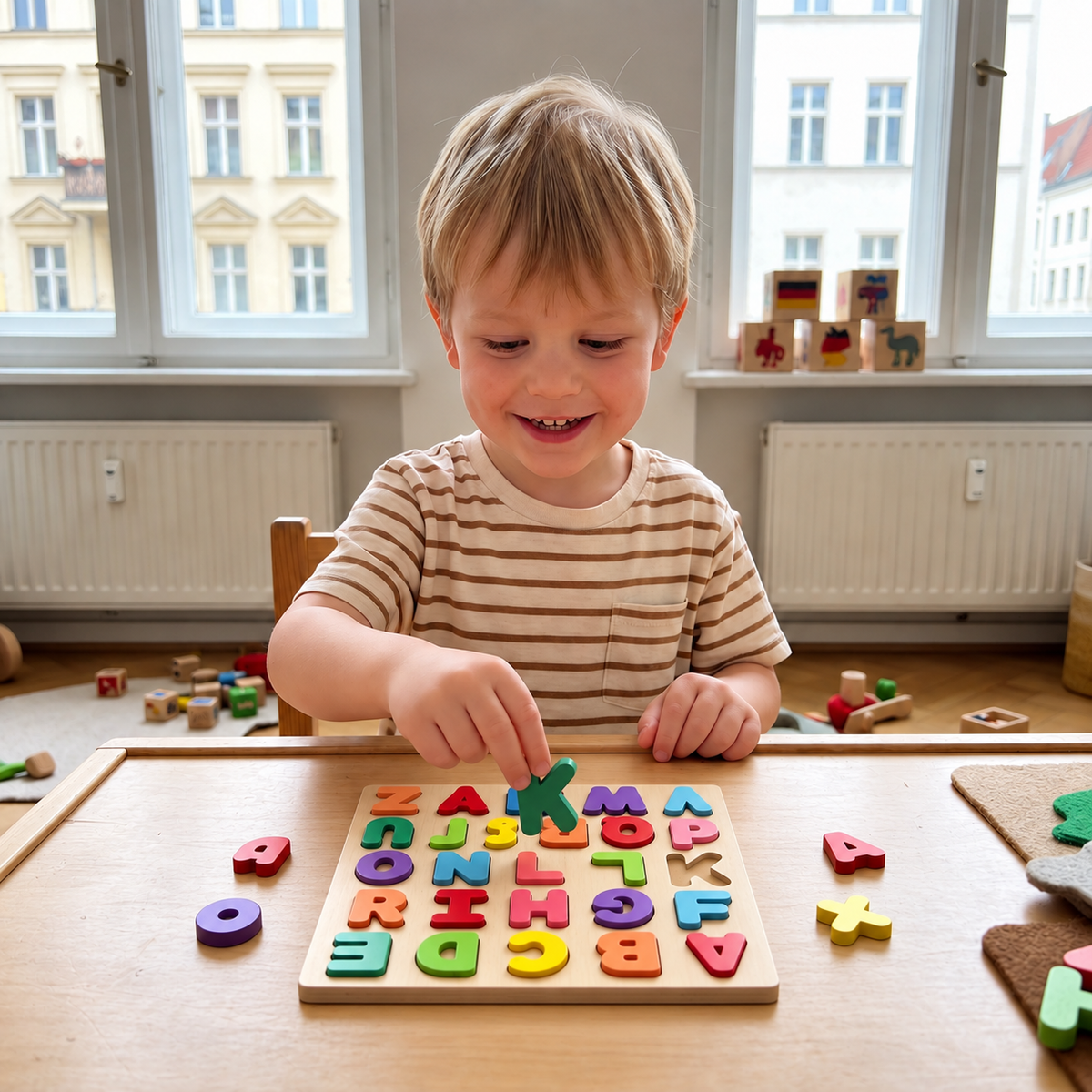 Einfaches Holzpuzzle mit Formen, Zahlen und Buchstaben