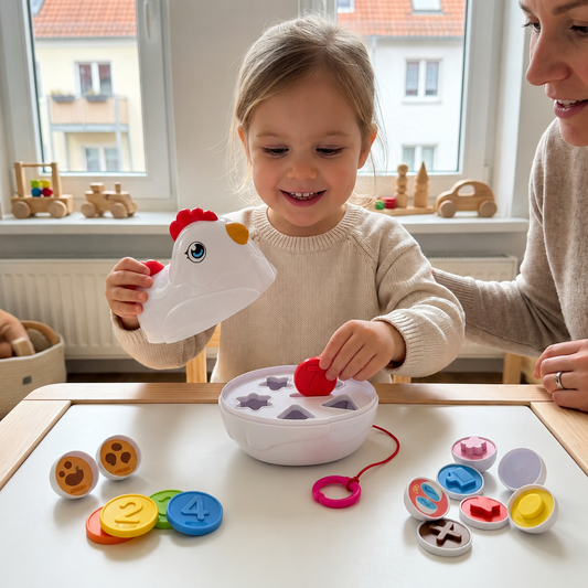 Lernspielzeug mit bunten Formen und Eierschalen