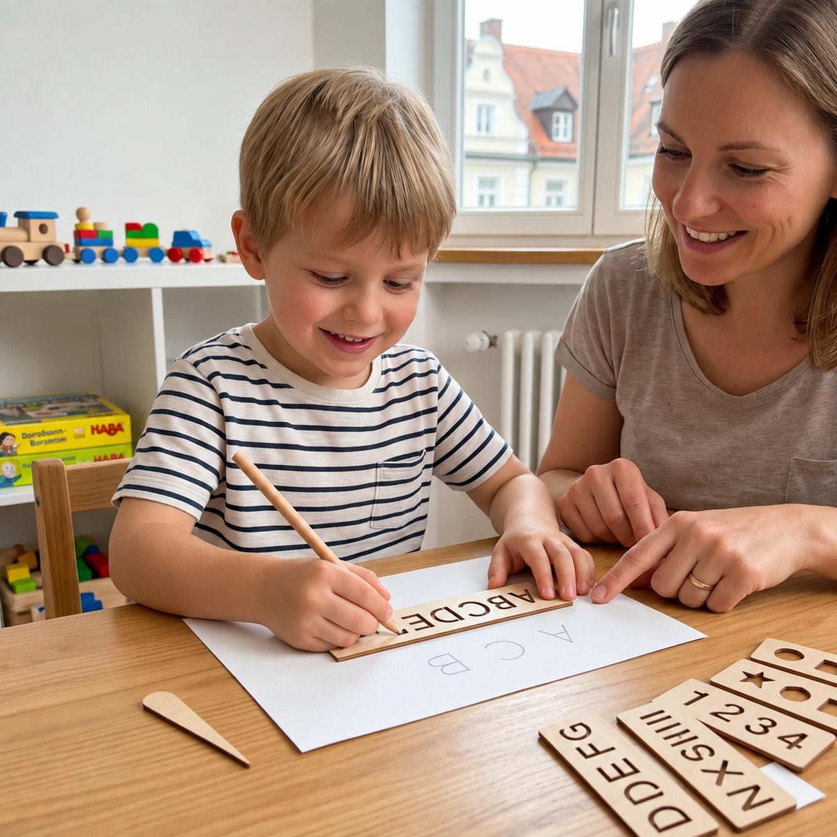 Holz-Schablonen mit Buchstaben und Zahlen zum Schreibenlernen