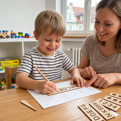 Holz-Schablonen mit Buchstaben und Zahlen zum Schreibenlernen