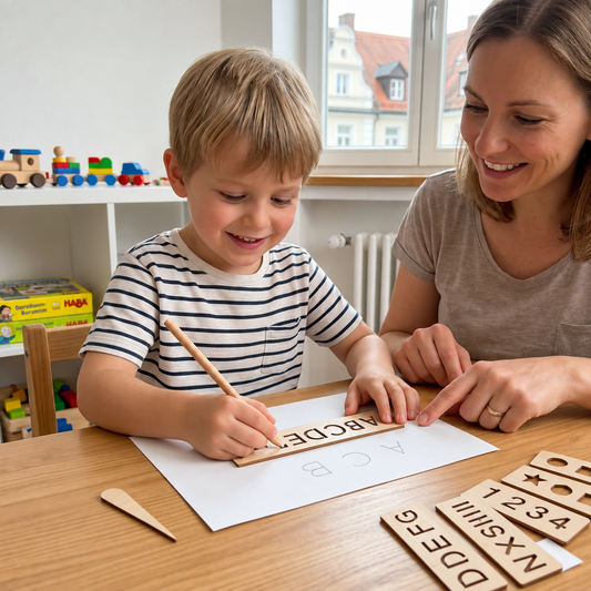 Holz-Schablonen mit Buchstaben und Zahlen zum Schreibenlernen