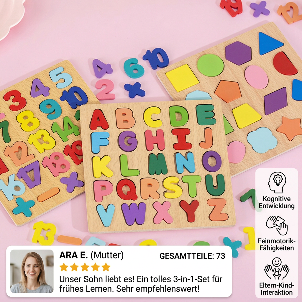 Einfaches Holzpuzzle mit Formen, Zahlen und Buchstaben