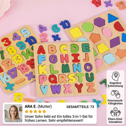 Einfaches Holzpuzzle mit Formen, Zahlen und Buchstaben