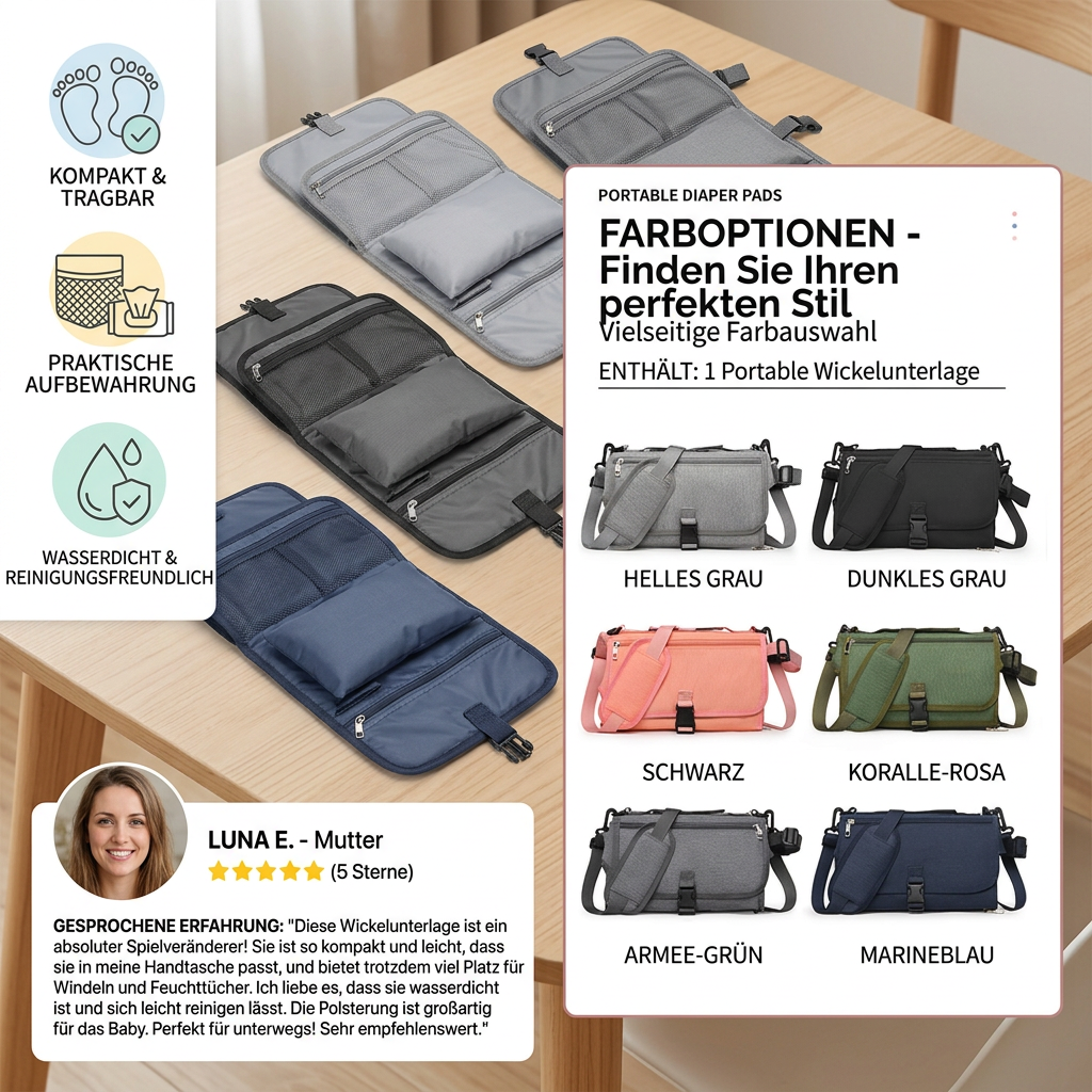 Kompakte Wickelunterlage mit Taschen für unterwegs