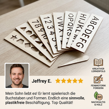 Holz-Schablonen mit Buchstaben und Zahlen zum Schreibenlernen