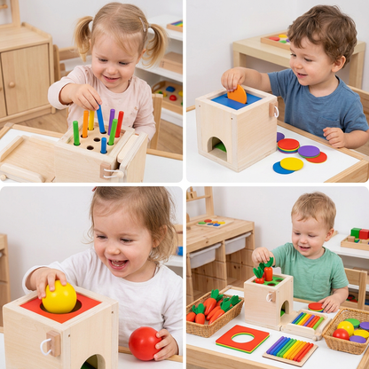 Montessori-Holzspielbox mit Aufgaben- und Lösungskarten