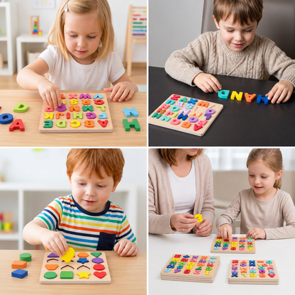 Einfaches Holzpuzzle mit Formen, Zahlen und Buchstaben