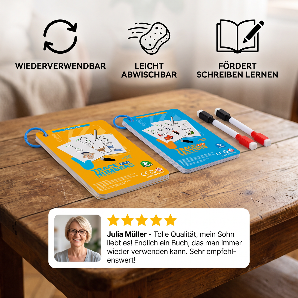 Wiederverwendbares Zahlen und Buchstaben Trainingsbuch für Kinder