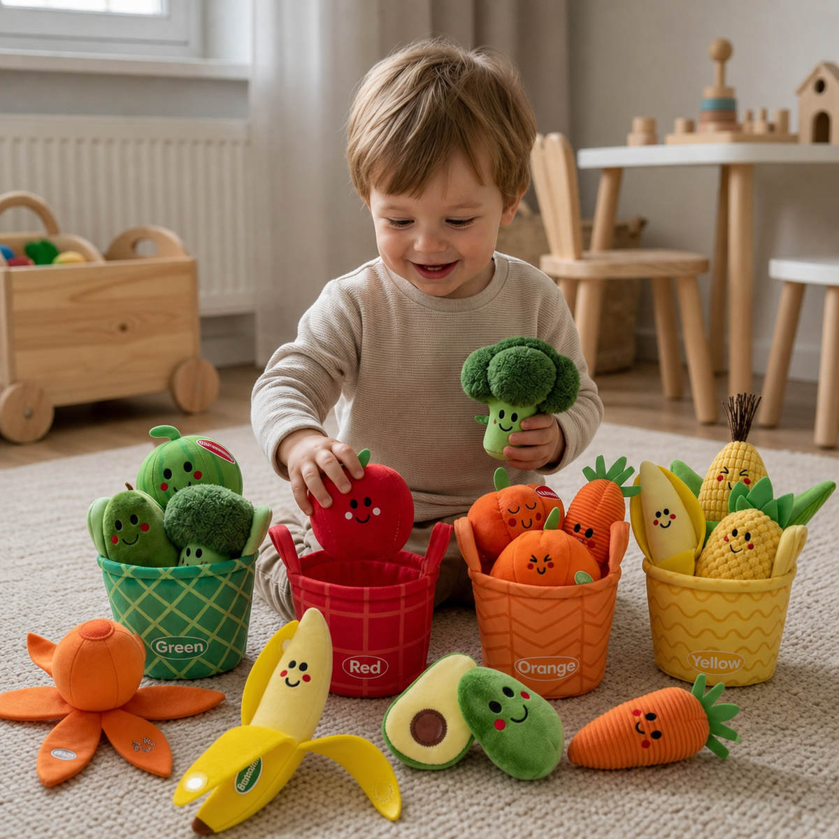 Weiches Obst- & Gemüse-Lernspielzeug für Babys – 4-teiliges Farb-Sortierset mit Rassel- und Knistereffekt