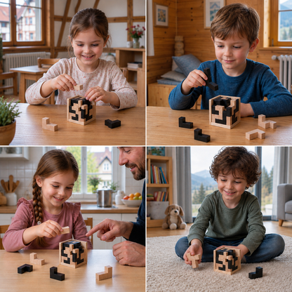 Handgefertigter 3D-Puzzlewürfel aus Holz – Logik- und Lernspielzeug für Kinder