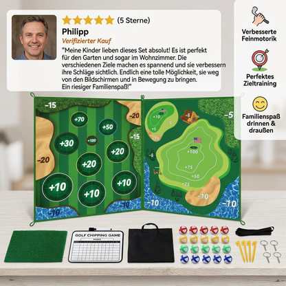 Klebendes 2in1 Golf Trainings- & Spielset – Indoor & Outdoor Abschlagmatte mit Zielwand & Schläger