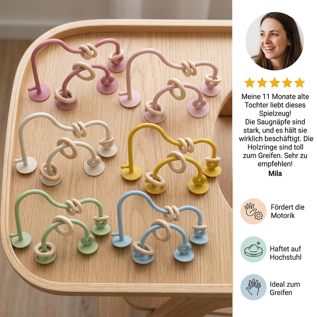 Silikon Motorik-Spielzeug für Babys – Saugnapf Lernspiel für Tisch & Hochstuhl