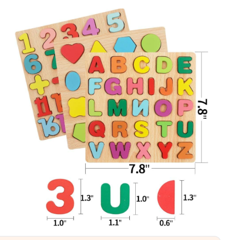 Einfaches Holzpuzzle mit Formen, Zahlen und Buchstaben