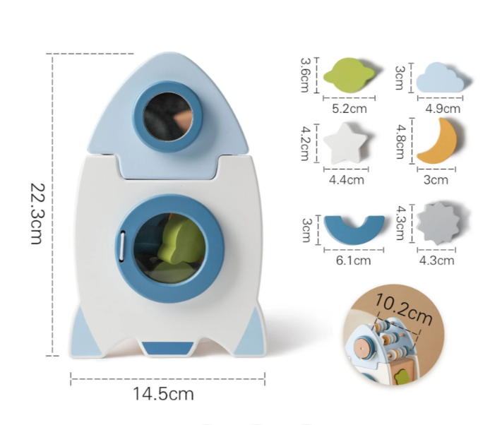 Handgefertigte Montessori-Holzrakete mit verschiedenen Formen und Farben
