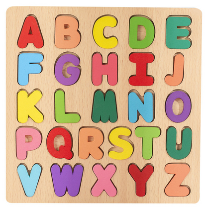 Einfaches Holzpuzzle mit Formen, Zahlen und Buchstaben