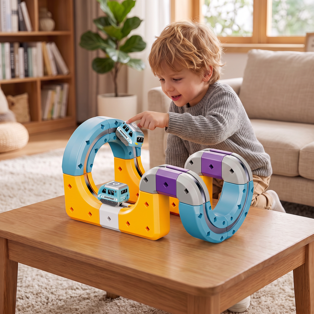 DIY-Schwerkraft-Würfelbahn-Bauset mit elektrischem Zug